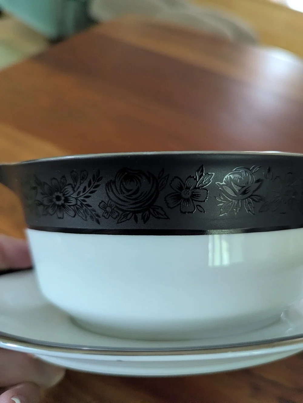 Noritake Sharon #6883 Gravy Boat Connected Plate Black Band Raised Flowers